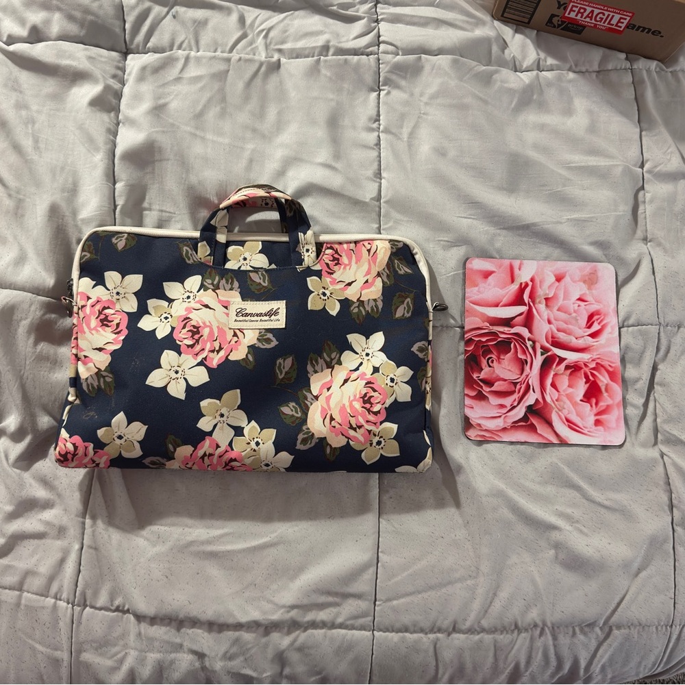 CANVASLIFE Navy Floral For 13”-14” Laptops Bag Purse Adjustable Removable Strap